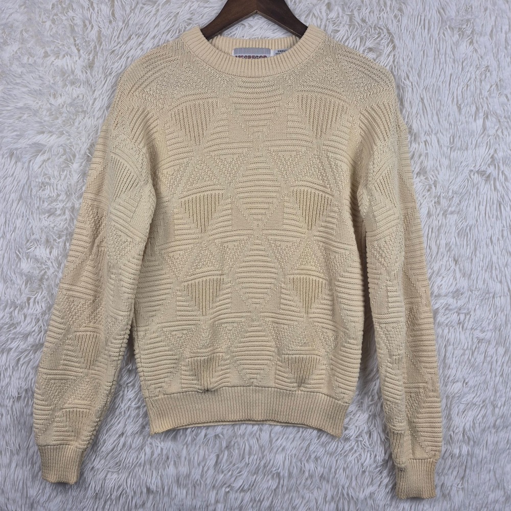 Vintage McGregor Mens Beige Cotton Textured Geometric Crew Neck Sweater Small